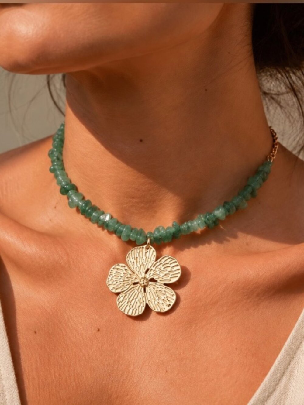 New!Anthropologie Statement Green Gemstone Beaded with Gold Floral Pendant